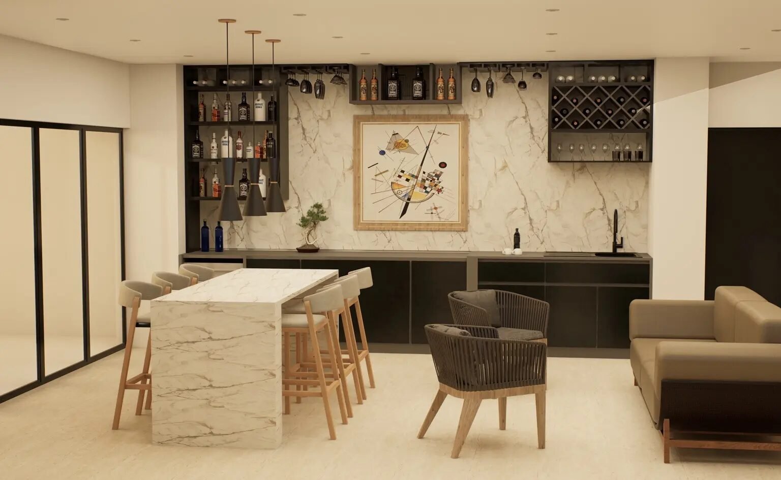 Estudio residencial con cocina, barra y área social