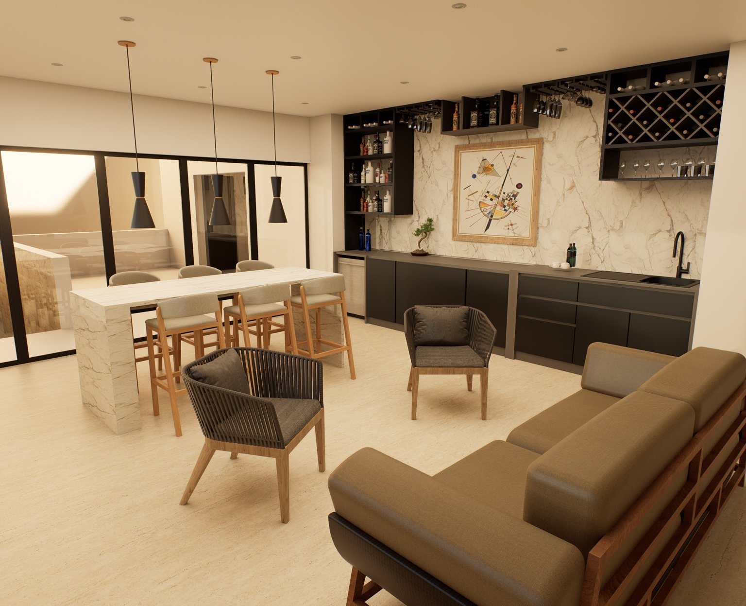 Render del área social del Estudio residencial