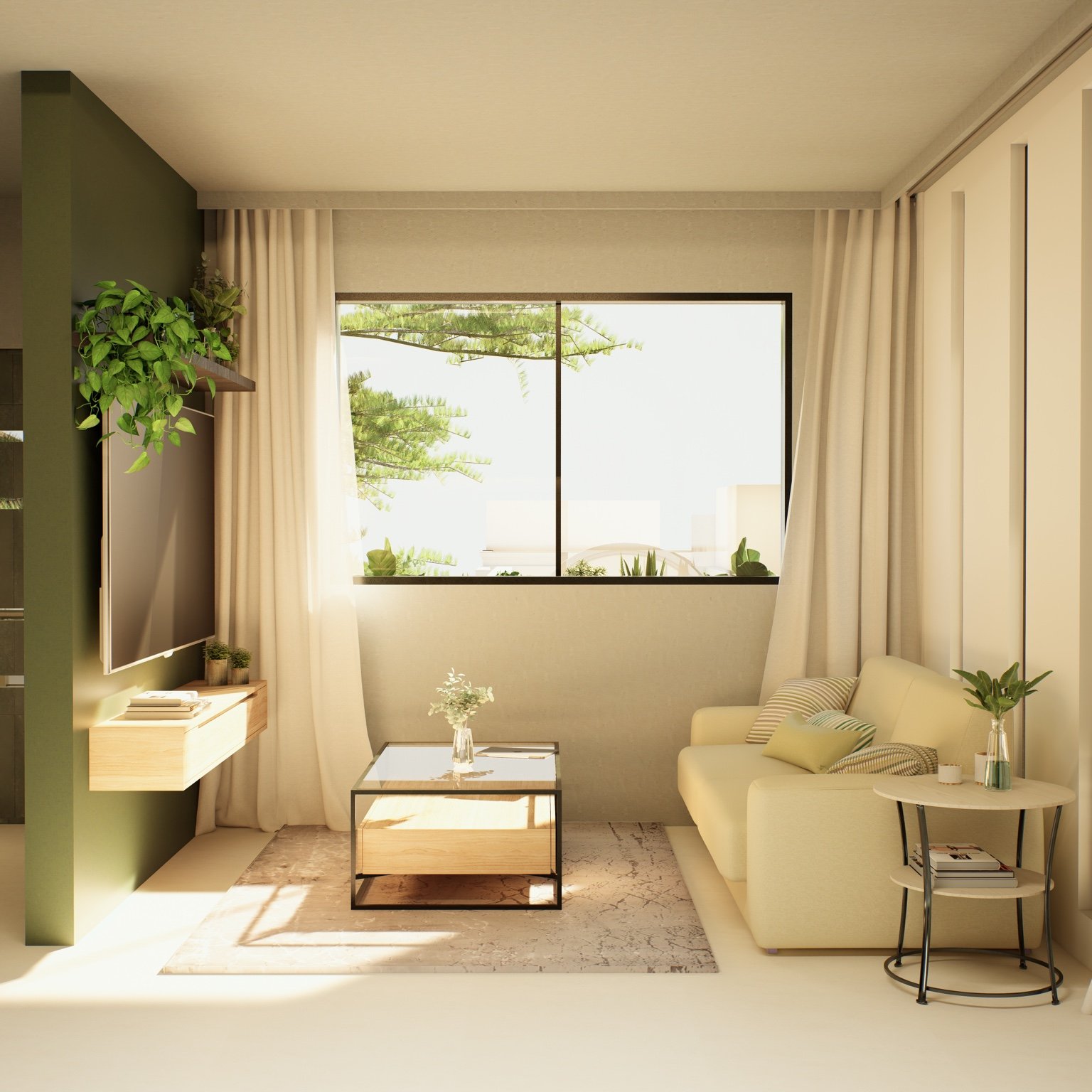 Render de sala del Estudio residencial