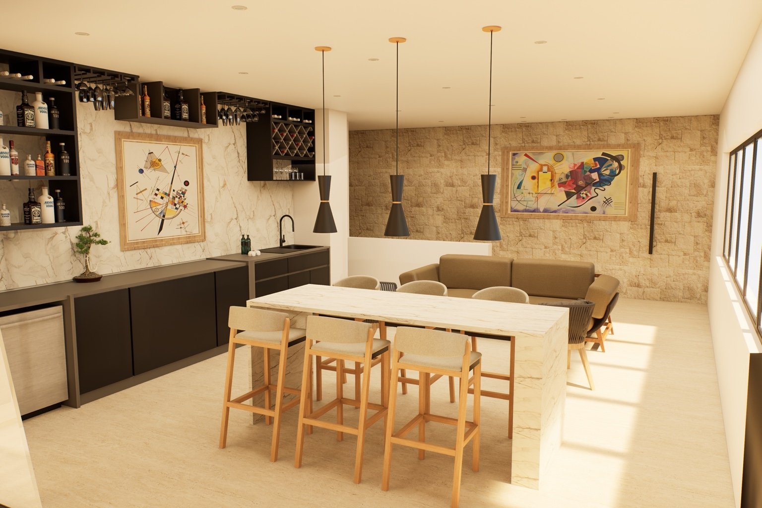 Render de cocina y comedor del Estudio residencial